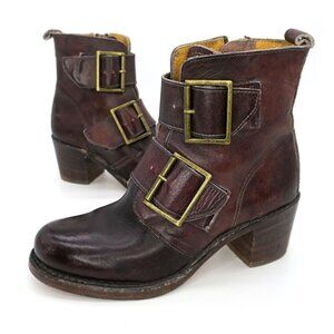 FRYE Sabrina Double Buckle Moto Boots Leather Dark Walnut Women's 7M